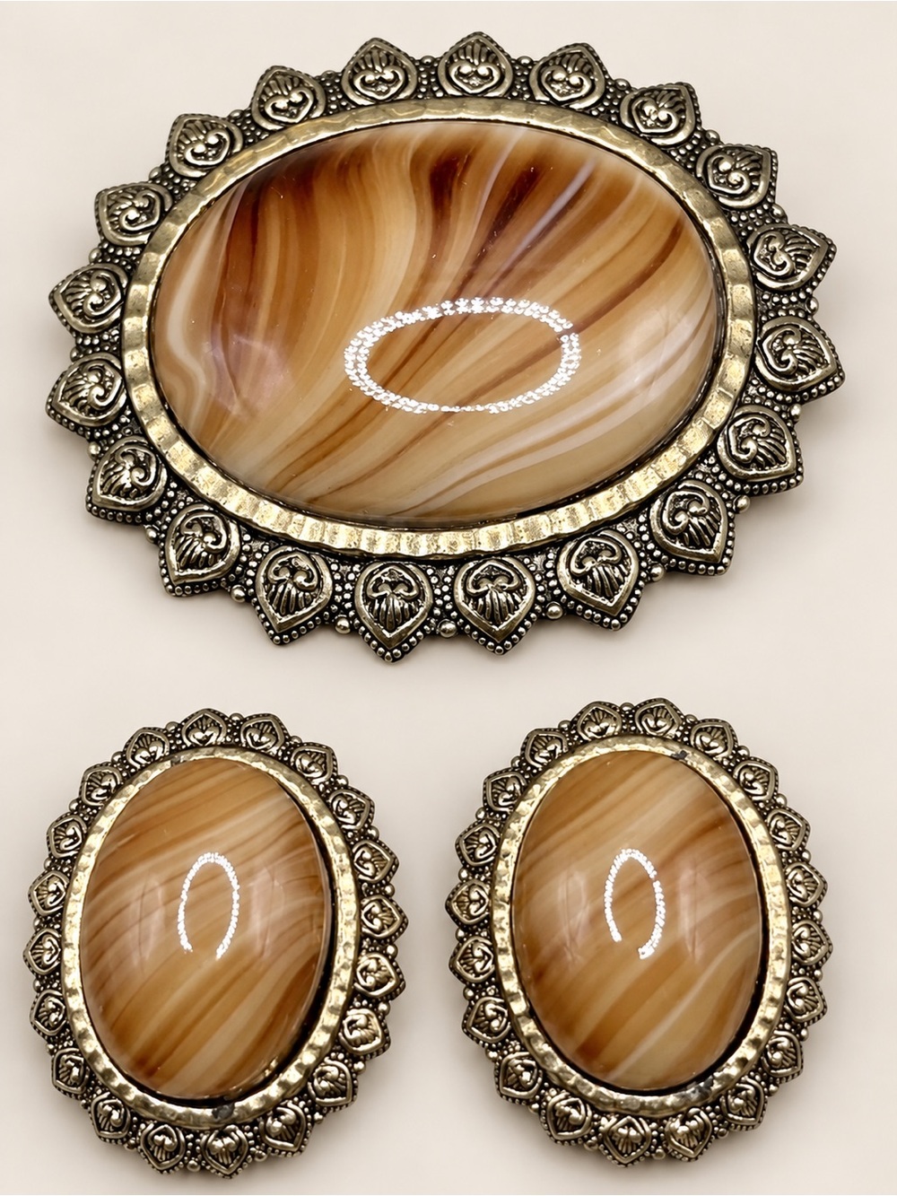 Vintage Western Germany Banded Agate-look Brooch Earrings Demi Parure Set